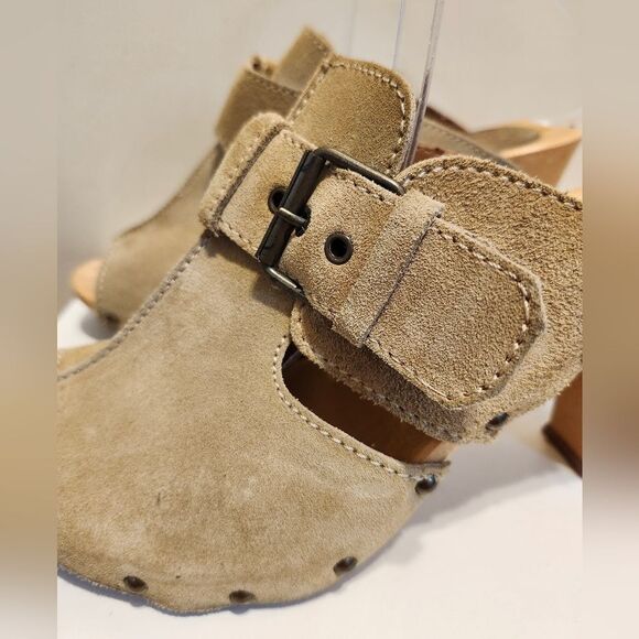 Vtg Mint '80s Original Candie's Tan Suede "Wood" Sole Mules Sz.9 Made in Italy - Picture 3 of 9